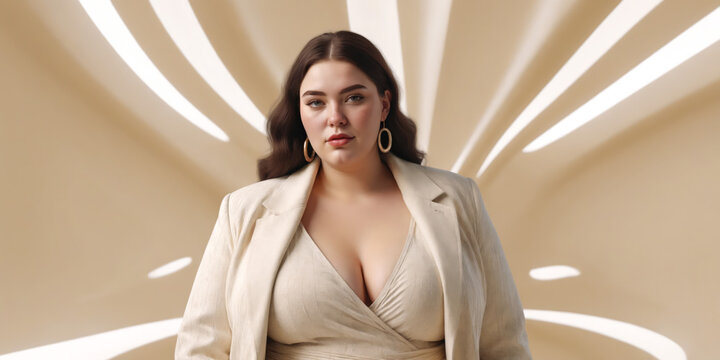 Ai generated portrait of a beautiful voluptuous woman in a minimal beige environment, wearing a suit 
