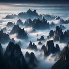 Stunning mist-shrouded mountain range with jagged peaks piercing the clouds.