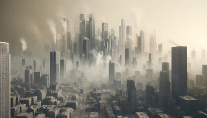 Futuristic City in Smog: A Dystopian Urban Landscape - obrazy, fototapety, plakaty