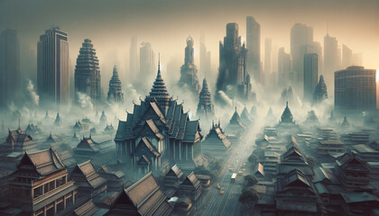 Futuristic City in Smog: A Dystopian Urban Landscape