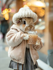 Fur clothing rabbit enjoys bubble tea in winter attire