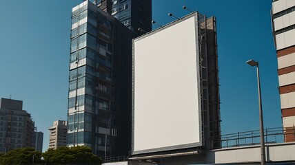 Obraz premium Low angle view of a billboard against a clear blue sky. advertising.OOH.｜屋外看板、広告