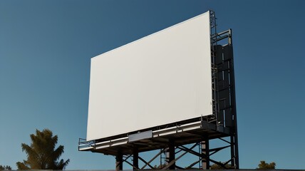 Low angle view of a billboard against a clear blue sky. advertising.OOH.｜屋外看板、広告