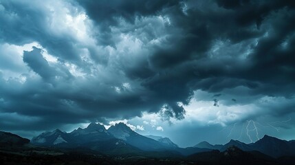 Fototapeta na wymiar Dark storm clouds over the majestic mountains and flashes of lightning illuminate the horizon. Generative AI