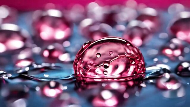 Abstract macro of water droplets on shiny surface with pink cast, motion