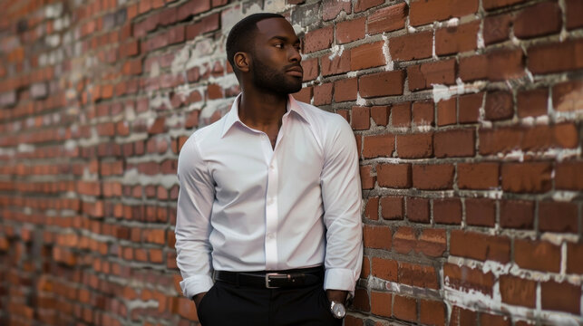 A handsome black man leans against a brick wall exuding a sense of calm with his relaxed pose and monochrome ensemble of a crisp white shirt and tailored black trousers. .