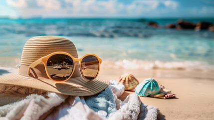 women's sunglasses, sun hat, beach towel on the beach, seaside, sunny beach day fun, summer time