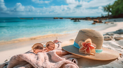 women's sunglasses, sun hat, beach towel on the beach, seaside, sunny beach day fun, summer time