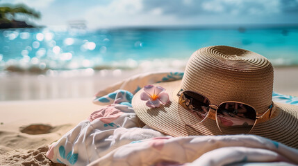 women's sunglasses, sun hat, beach towel on the beach, seaside, sunny beach day fun, summer time