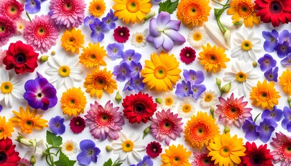 Poster Widescreen image of group of fresh pansy gerbera carnation poppy sunflower periwinkle and lavender flowers pattern background © Spring of Sheba