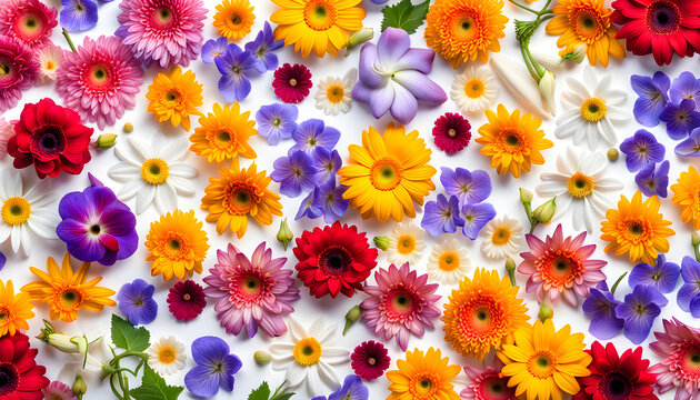 Widescreen image of group of fresh pansy gerbera carnation poppy sunflower periwinkle and lavender flowers pattern background