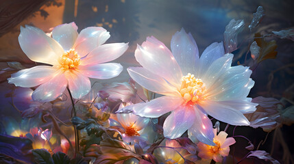 Digital technology glass crystal flowers fantasy scene abstract graphic poster web page PPT background