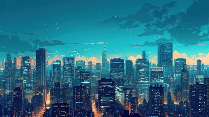 A modern city skyline at dusk, with buildings aglow in shades of teal and hints of white clouds in the sky.