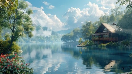Fototapeta premium A peaceful lakeside retreat surrounded by verdant forests, with shades of blue reflecting in the water and white clouds drifting overhead.