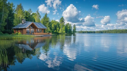 Obraz premium A peaceful lakeside retreat surrounded by verdant forests, with shades of blue reflecting in the water and white clouds drifting overhead.
