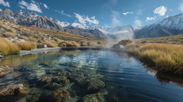 A secluded hot spring nestled in the mountains, with steam rising against a backdrop of clear blue skies and snow-capped peaks.