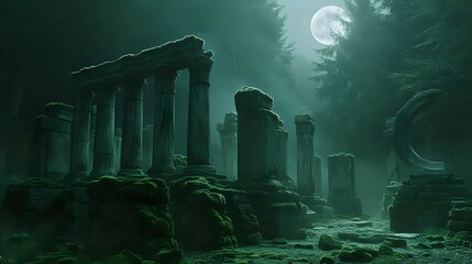 Abandoned Forest Temple Under Moon Glow./n