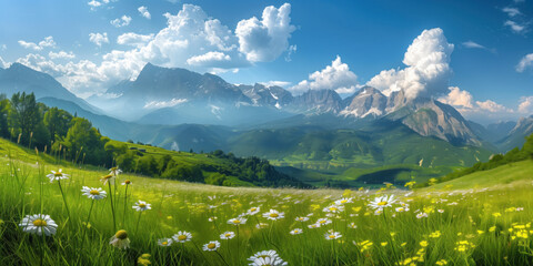 A beautiful, sunny day with a meadow, field of yellow and white flowers and mountains in the background - Powered by Adobe