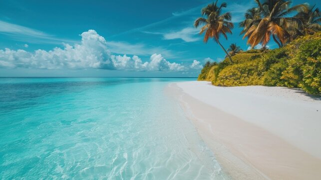 A white sandy beach stretching into the distance, framed by turquoise waters and emerald palm trees.