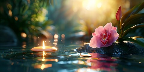 A pink flower is floating on the surface of a pond. The water is calm and peaceful, with the sun shining brightly overhead. Concept of tranquility and serenity