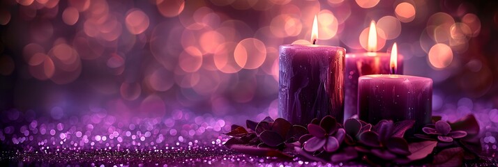 Violet purple candles on mysterious background, magic fantasy atmosphere background - obrazy, fototapety, plakaty