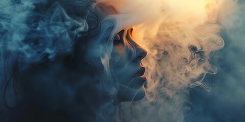 Female's face is obscured by smoke, creating a surreal and dreamlike atmosphere - obrazy, fototapety, plakaty