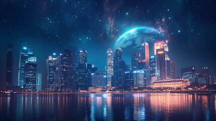 Night Singapore city skyscraper downtown panoramic view. Digital interface with hologram of virtual globe, rocket start up, message in the foreground. Concept of international trading in megapolis. - obrazy, fototapety, plakaty