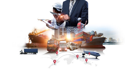 Smart technology logistics concept,  Businessman touching virtual screen world map of Global logistics network distribution, Air cargo trucking, Rail transportation and maritime shipping