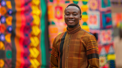 Standing in front of a colorful backdrop a black man dons a tailored shirt and pants made from kente cloth. His confident smile and proud stance reflect a deep appreciation for the .