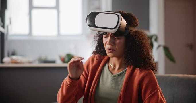 Woman, headache and VR with stress, nausea or motion sickness on living room sofa at home. Dizzy female person with sore head, confusion or pain from long hours on virtual reality headset at house