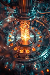 Capture the mystery and potential of antimatter in energy production through a dynamic tilted angle view Show energy swirling and crackling within a futuristic reactor