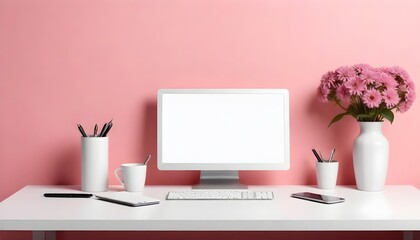 minimalist desk design with small details, stand flowers computer computer phone notepad pen notebook, horizontal view, minimalist style, on pinq background