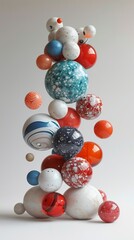 Create a dynamic and visually striking image of kinetic art installations using balls in a diagonal composition Play with different sizes colors
