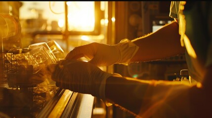 A closeup shot of a paramedics hands as they expertly maneuver medical equipment their gloved fingers working quickly and seamlessly. The golden light filtering through the windows .