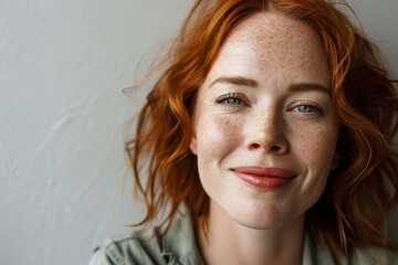 Portrait of a red-haired woman with freckles on her face