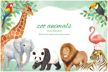 水彩手書きの動物園の背景イラストフレーム素材