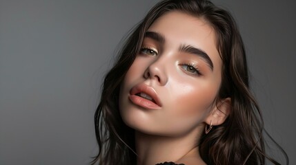 Naklejka premium Generative AI : Studio portrait of an attractive young woman posing against a grey background.