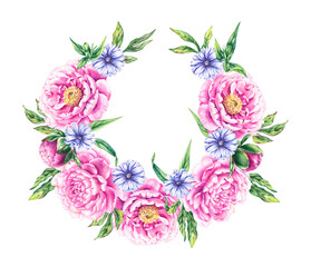 Pink floral wreath with blue flowers of the medicinal plant chicory