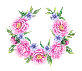 Selbstklebende Fototapeten Pink floral wreath with blue flowers of the medicinal plant chicory © SashaKondr