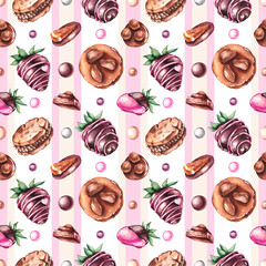 Watercolor seamless pattern with sweets and desserts