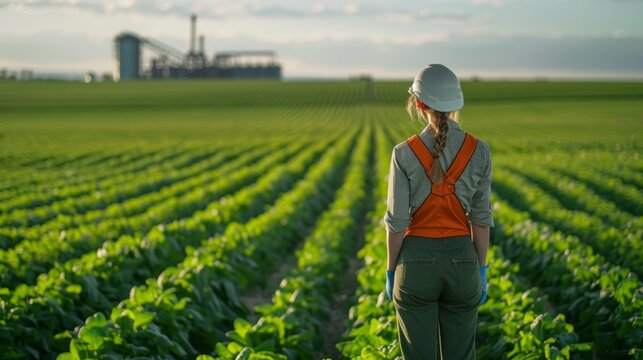 A Woman Dressed In A Work Uniform Standing In A Large Open Field Surrounded By Rows Of Bright Green Crops. In The Distance A Large Biofuel Plant Can Be Seen Showcasing The Connection .