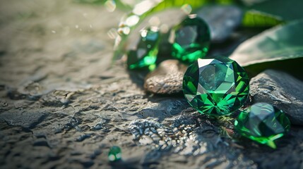 Generative AI : a green emerald gems on a stone