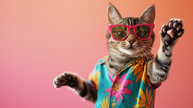 Cat wearing colorful clothes and sunglasses on pastel background, Summer vacation, Generative AI