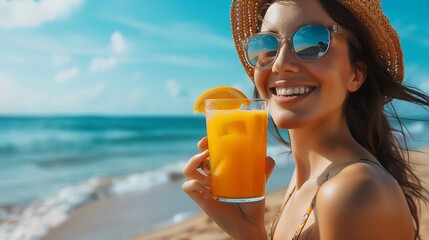 Generative AI : Happy woman drinking orange juice at beach in summer - obrazy, fototapety, plakaty