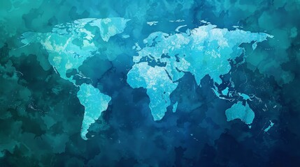 Vibrant abstract world map blending blues and greens, showcasing global connectivity and diversity