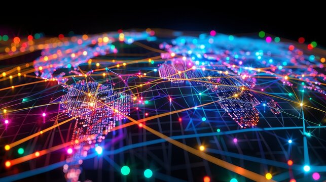 Vibrant data streams crisscrossing a world map, symbolizing telecommunication and global information exchange