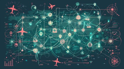 Telecommunication and business networks illustrated on a world map, with airports acting as nodes in a global information exchange system