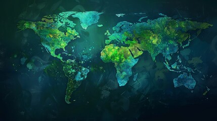 Fototapeta na wymiar Stylized world map in shades of blue and green, highlighting eco-friendly and sustainable global concepts