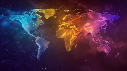 Sleek, modern abstract world map, vibrant colors delineating continents against a dark background