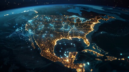 North America illuminated on a digital world map, veins of data transfer highlighting telecommunication networks - obrazy, fototapety, plakaty